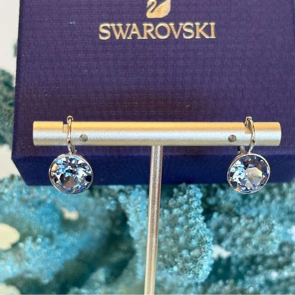 Authentic Swarovski MINI Bella Blue Crystal Bezel Rhodium Lever Back Earrings - Picture 15 of 16